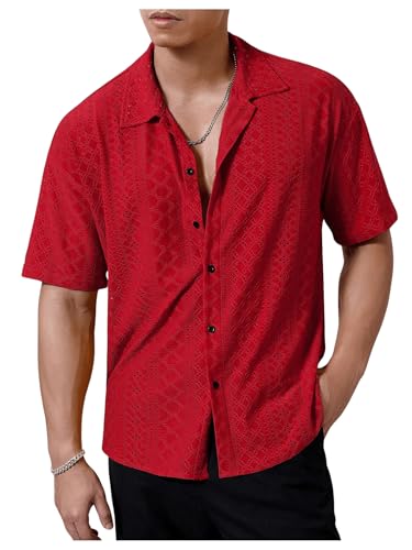 Men's Hollow Out Vacation Shirts Eyelet Embroidery Short Sleeve Button Up Beach Shirt