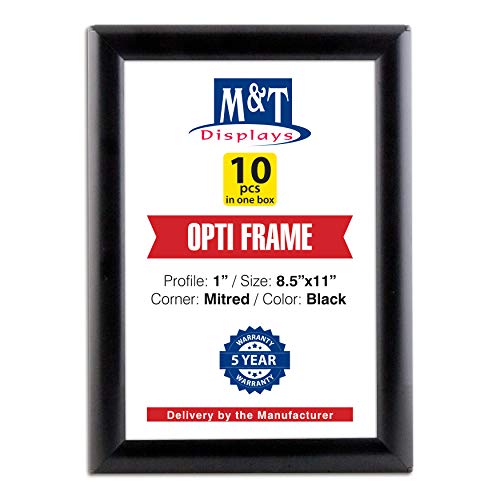 M&T Displays Opti Snap Poster Frame 8.5x11 Inch Black 1' Aluminum Profile Front Loading Wall Mounting Photo Picture Document Certificate Sign Holder Mitered Corner Anti Glare Cover (10 pack)