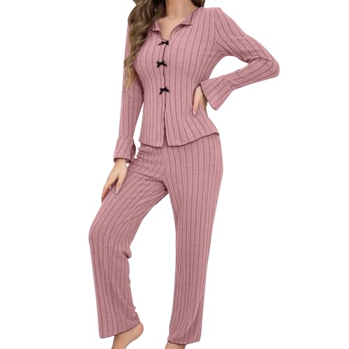 Women's Soft Knit Pajamas Set V Neck Top and Pants Long Sleeve Two Piece Loungewear Elegant Slim Fit Sleepwear