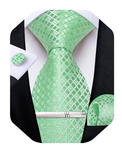 Image of DiBanGu Mens Silk Plaid Tie and Pocket Square Set | Elegant Silk Formal Tie Set, Woven Check Necktie and Cufflinks Tie Clip Set, Perfect for Wedding Party, Comes in Gift Box
