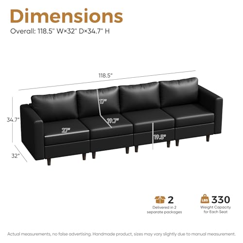 Image of ABCASA Faux Leather Modular Sectional Sofa with Storage Seat, 118.5 inch 4 Seater Couch Deep Seat with Removable Cover Black