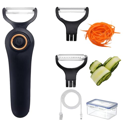 5 in 1 Blade Electric Peeler, Rechargeable Peeler, with 2 Interchangeable Stainless Steel Blades, Handheld Cordless Vegetable PeelerElectric for Kitchen, Travel, Camping (Black)