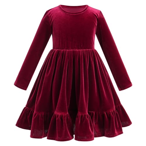 IDOPIP Baby Girl Toddler Velvet Dress Ruffle Long Sleeve Christmas Party Wedding Birthday Holiday Dresses Winter Fall Clothes