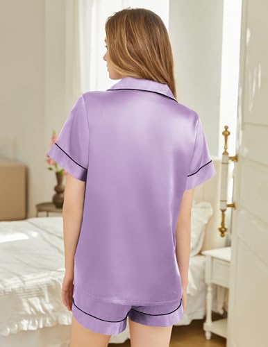 Image of Silk Pajamas for Women Short Sleeve Sleepwear Soft Button Down Loungewear 2 Piece Satin Pjs Shorts Set S-XXL
