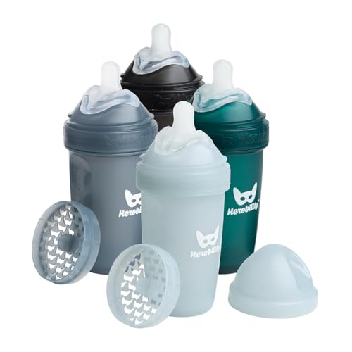 Image of Herobility Anti-Colic Baby Bottles 8.5 oz/240ml - Pack of 4 Plastic Baby Bottles, Medium Flow Plastic Bottles, Breast-Shaped Teat for Breastfed Babies- Multicolor -Black, Dark Green, Iron Blue, Grey