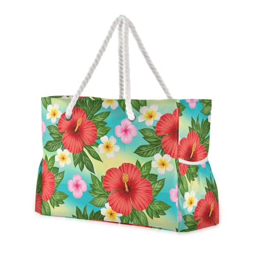 Summer Plumeria Hibiscus Flower Portable travel beach bag with zipper large tote bags for women Good for Travel Pool Swim Beach Vacation Necessities