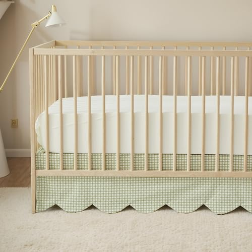 Image of Brandream Scallop Edge Cotton Crib Skirt, Baby Boy Girl Gender Neutral Crib Skirt Toddler Bedskirt Farmhouse Chic Nursery Crib Bed Skirt, Boho Bohemian Green Gingham