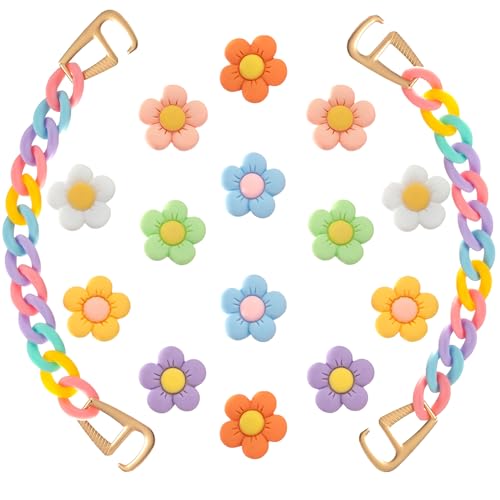 mezascarleth Colorful Flower Shoe Charms with Rainbow Chains Accessories for Women Teens and Adults Cute Shoes Decorations fit Clog Sandal Birthday Party Favors Gifts