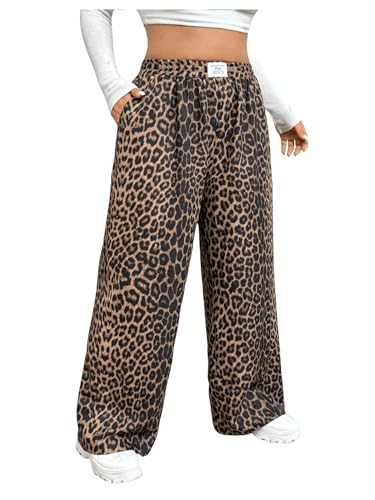 RoseSeek Women's Letter Leopard Print Straight Leg Pants Elastic Waist Y2K Trousers Bottoms with Pockets Brown X-Large Plus