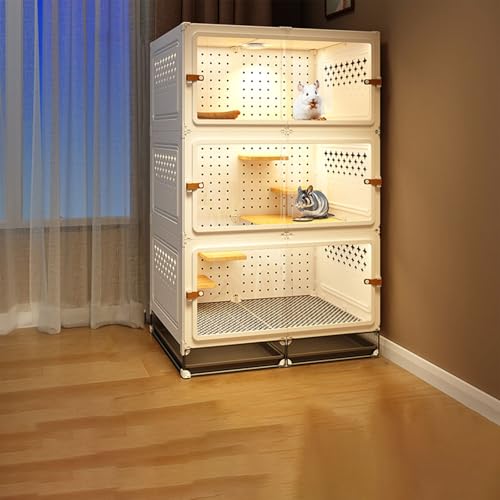 猫 ケージ 多機能小動物ケージ 3層パノラマ透明ハムスターチンチラケージ、ハウス 脱出防止 引き出し式トレイ付き フェレット、チンチラ、ウサギ、小動物用(白,70*45*115)