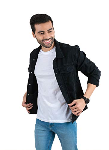 Image of Avadat Men's Studio Cotton Solid Relaxed Denim Regular Jacket (Black, Small)