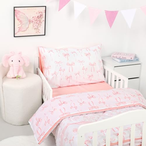 Image of 4 Piece Toddler Bedding Set, Ultra Soft and Breathable Toddler Comforter Sets for GirlsIncludes Quilted Comforter, Fitted Sheet, Flat Sheet and Pillowcase, Pink Bow
