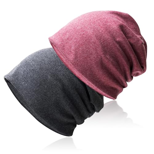 Hurinan Slouch Beanie-Mütze, Uni, Jersey, Totenkopfkappe, klassisch, Baggy-Mütze, leichte und weiche Strickmütze, Baumwolle, Kopfbedeckung für Damen und Herren, 2 Stück, Grau und Rot, Einheitsgröße