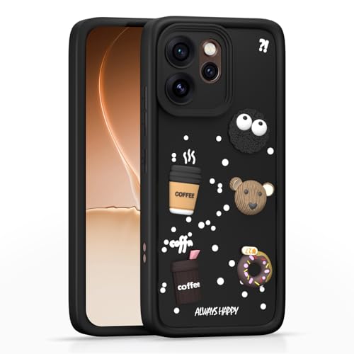 Image of Pikkme Back Cover for Oppo Reno 15 Pro Mini 5G | 3D Bear Silicone Cute & Fun Coffee Cartoon | Full Body Protection Bumper Case (Black)