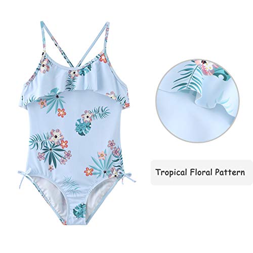 Big Girls One Piece Swimsuits Halter Bathing Suits Summer Ruffler Swimwear Size 14/12-16 Green Flower4