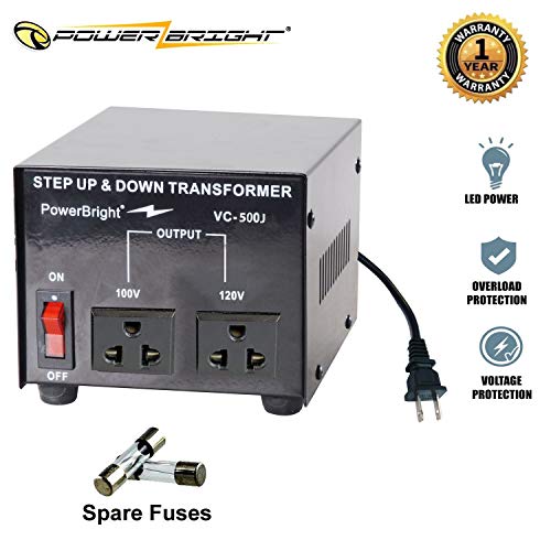 PowerBright 500 Watts Japanese Voltage Transformers, Step Up and Down Japan Converter, can be Used in 120 Volt and 100V Countries, Convert from 120V to 100V and 100V to 120V, Universal Outlet Socket