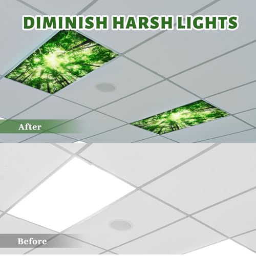 Image of Hortsun 4 Pack 4 x 2 Feet Fluorescent Light Covers, Magnetic Light Filters for Classroom Ceiling, Decorative Lights Shade for Office Home Hospital(Forest)