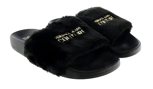 VERSACE JEANS COUTURE Black Faux Fur Signature Slides-
