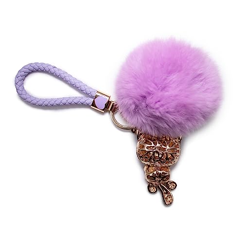 Surell Bling Cat With Gem Keychain With Rex Rabbit Fur Pom - Cute Kitty Key Chains - Plush Round Charm For Girls - Cute Keychains For Purses, Bags, And Backpacks - Lilac Purple #TOP2