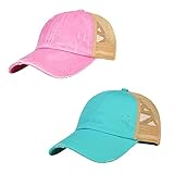 2 Pack Kids Girls Ponytail Baseball Hat Trucker Dad Ball Cap Criss Cross Messy Buns Ponycaps Distressed Washed Denim (Pink & Light Teal)