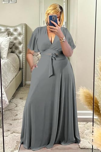 Image of Plus Size Women's 2 Piece Outfits Casual Short Ruffle Sleeve Wrap Crop Top Maxi Long Dress Flowy Matching Sets