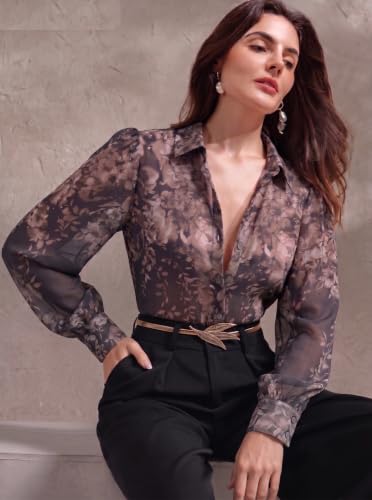 Image of Women Georgette Regular Fit Shirt || Women Top ||Autumn Leaves Print Polo Collar Shirt, Casual Long Sleeve (S-22-25)