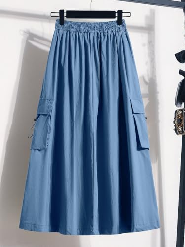 ebossy Women's Vintage Denim Drawstring Elastic Waist Utility Jean Long Cargo Skirts with Multi-Pockets2