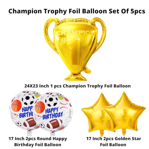 Image of Party Decorz Champion Trophy Balloon | Champion Trophy Foil Balloon Set Of 5pcs(1pcs Trophy Balloon+ 2pcs Star Balloon+ 2pcs Birthday Balloon) Football Theme, Sports Balloon Birthday Party Decorations
