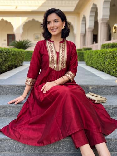 Image of INDO ERA Women's Liva Solid A-Line Kurta & Pant Set
