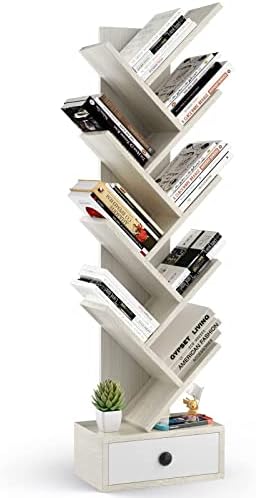 OFFICEJOY 10-Tier Tree Bookshelf, Floor Standing Bookshelf with Drawer, Small Bookcase for CDs, Books, Magazines,Utility Organizer Shelves for Living Room, Study, Bedroom, Office, School, Beige