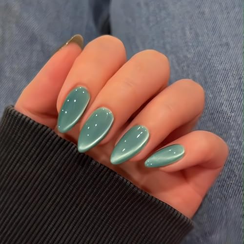 KQueenest Cat Eye Teal Blue Green Press on Nails Almond Shape, 30 Pcs Glitter Fake Nails Medium, Thick Sparkly Glass Nails Press on, Shiny Acrylic Nails, Cute Bling Stick on Nails for Women Small Hand