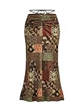 SHENHE Women's Boho Patchwork Skirt Ruched Bodycon High Waist Vintage Hippie Fishtail Skirt Multicolor Small