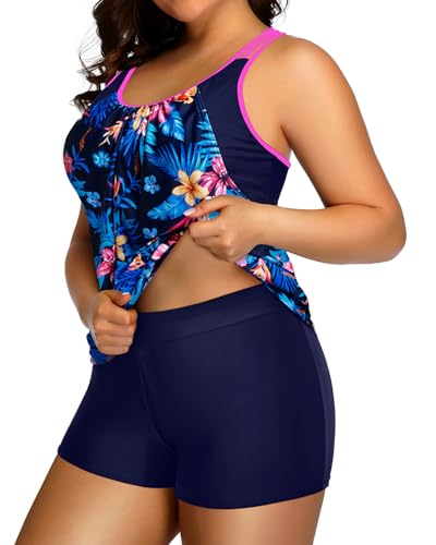 Image of Womens Plus Size Tankini Swimsuit Two Piece Tummy Control Bathing Suit | Blouson Racerback Tankini Top with Shorts, Double Up Design, Removable Pad