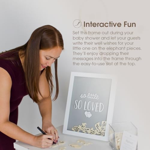 Image of Pearhead So Little So Loved Wooden Elephant Token Frame, Baby Shower Signature Guest Book Alternative with 65 Wooden Tokens, Gender-Neutral Nursery Keepsake Decor, Gray and White