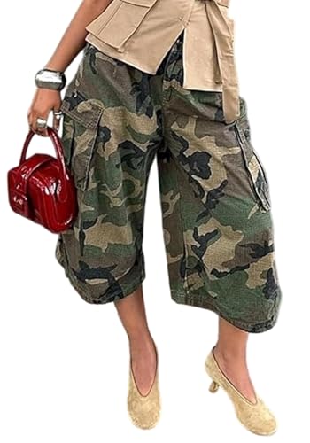 Image of Women's Barrel Camo Pants High Waisted Wide Leg Peated Palazzo Camouflage Capris Baggy Y2k Army Fatigue Trousers