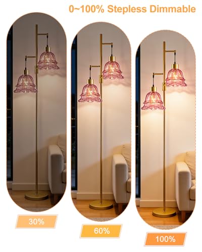 Image of 2-Light Modern Glass Floor Lamp, Gold Tall Standing Lamp with Deep Red Tulip Glass Shade for Reading, Dimmable LED Floor Lamp with 5Lbs Heavy Base for Living Room Bedroom Home Decor, Bulb Included