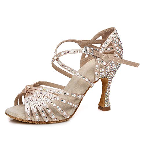 SWDZM Chaussures de Danse Latine pour Femme de Strass Danse de Salon Salsa Tango Chacha de Mariage Performance Pratique Danse Chaussures,Tacco-8.5cm,Modello-L429, 40EU Cover