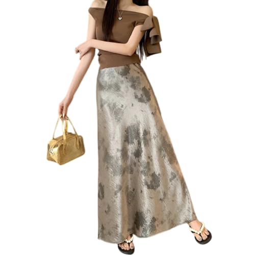 Jupe midi satin en acétate bleu encre coupe A-line fluide pour femme