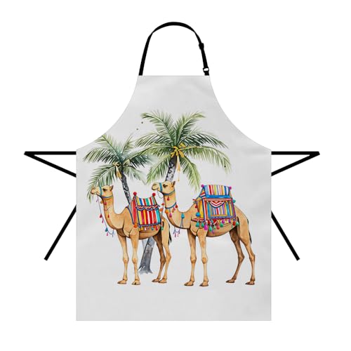Moslion Camel Apron 31x27 Inch Wild Animal Tropical Desert Camels in Bohemian Clothes Under Palm Trees Kitchen Chef Waitress Cook Aprons Bib with Adjustable Neck for Women Men Girls