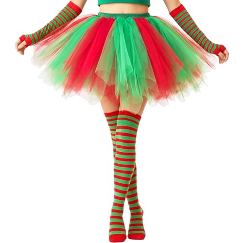Popuid Fluffy Tulle Tutu Skirt Costume Satin Lined Skirts with Striped Socks for Halloween Run Spirit Week (Red/Green Medium)