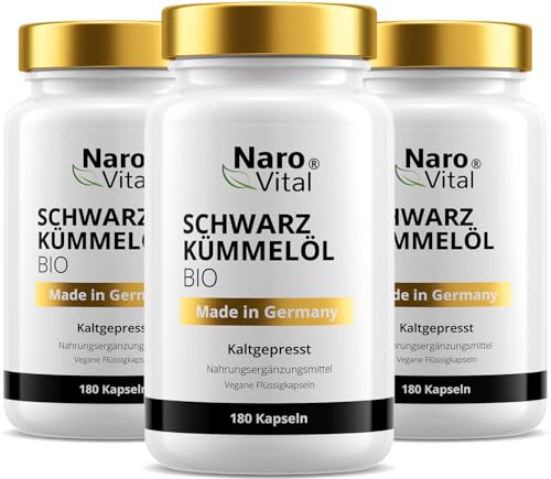 3er Pack Bio Schwarzkümmelöl Kapseln kaltgepresst & naturbelassen - 180 vegane Flüssigkapseln - 1000mg ägyptisches pro Tagesdosis - davon 50% Linolsäure - Hochdosiert - Nigella sativa - Black seed oil