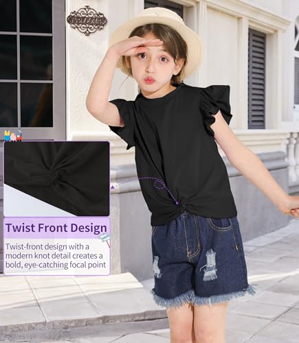 Image of Girls Ruffle Short Sleeve Blouse Twist Front Shirt Summer Crewneck Casual Tops Black 5-6 Years