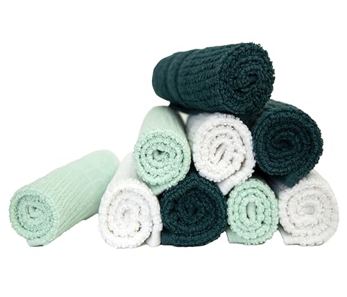 Image of PH Pleasant Home Ribbed Wash Cloths Set - 12 Pack (12 inch x 12 inch) - 509 GSM - 100% Ring Spun Cotton Wash Cloth - Super Soft and Highly Absorbent Face Towels (Green, White, Mint)