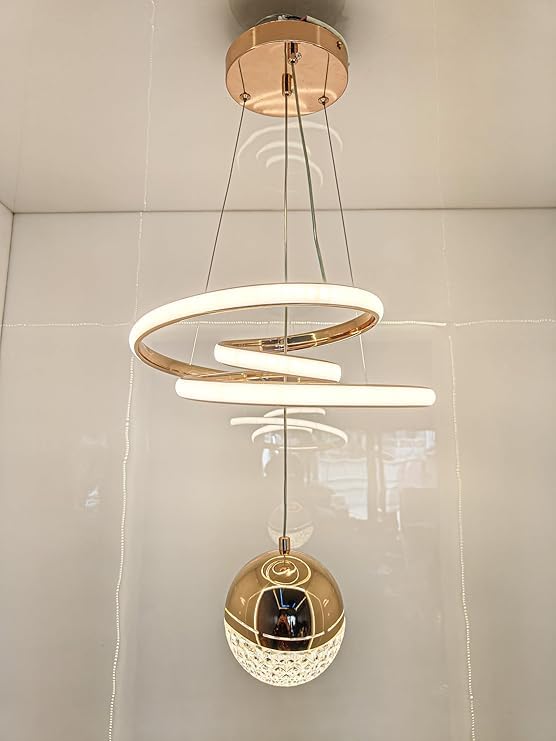 Image of Modern LED Ceiling Pendant Light with Crystal Ball, Spiral Design Chandelier, Dimmable Hanging Lamp for Dining Room, Living Room, Bedroom, Hallway (Gold)