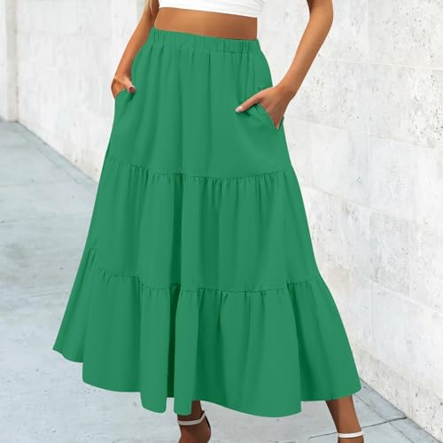 Summer Maxi Skirt for Women Boho Lightweight Flowy Tiered Long Beach Skirts with Pockets, Green, Large2