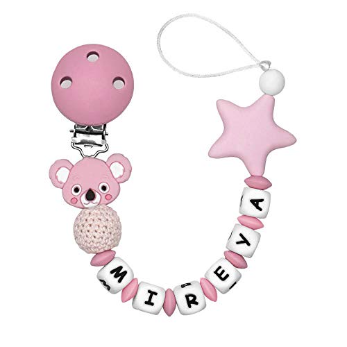 RUBY - Chupetero Personalizado Para Bebé con Nombre Bola Silicona Antibacteria con Koala de Silicona Alimentaria (Koala Rosa)