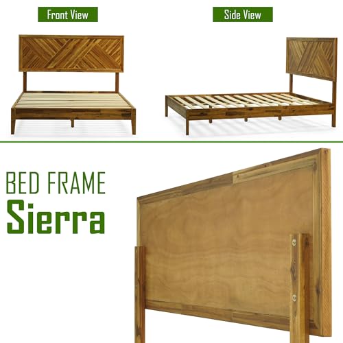 Image of Acacia Sierra Bed Frame with Headboard Solid Wood Platform Bed, Queen Bed Frame, Tall Headboard Wood Bed Compatible with All Mattress Types, No Box Spring Needed, Early American