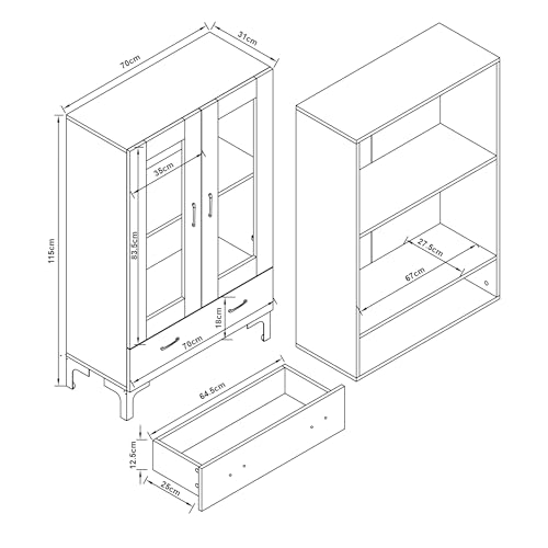 Miniatura 2 de En.Casa Vitrina Søndersø Aparador Para Salón Mueble Auxiliar Para Comedor Oficina Con Estante Cajón 2 Puertas De Cristal Aglomerado 115 X 70 X 31 Cm - Efecto Roble Y Negro