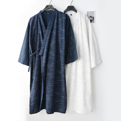 Woven Cotton Traditional Hanfu Midi-length Nightdress Tie-belt Bathrobe Loose Breathable Pajamas Comfortable Nightgown Sweat Steaming Yukata Sauna Suit Sleepwear Kimono for Men X-Large(Navy)4