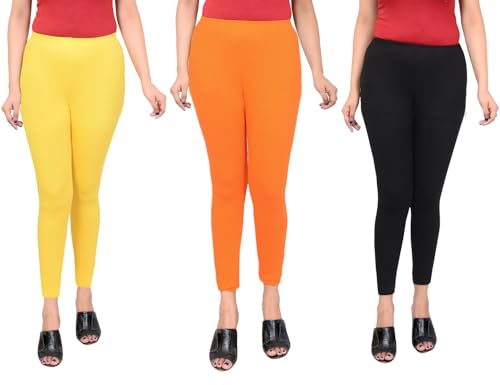 Image of Women Ankle Length Leggings Combo Multicolour Stretchable Cotton Yoga Gym Workout Pants Lyra Jeggings Casual Slim Fit